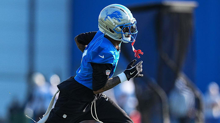 Detroit Lions wide receiver Jameson Williams (1) practices during training camp at Meijer Performance Center in Allen Park on Monday, July 21, 2025.