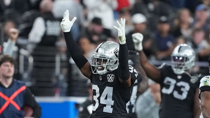Dec 22, 2024; Paradise, Nevada, USA; Las Vegas Raiders safety Thomas Harper (34) celebrates in the fourth quarter against the Jacksonville Jaguars at Allegiant Stadium. Mandatory Credit: Kirby Lee-Imagn Images