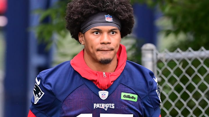 New England Patriots safety Marte Mapu (15) walks to the practice field during training camp at Gillette Stadium.