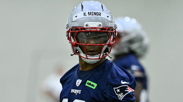 May 9, 2025; Foxborough, MA, USA; New England Patriots cornerback Kobee Minor (19) practices during rookie camp at Gillette Stadium. Mandatory Credit: Eric Canha-Imagn Images