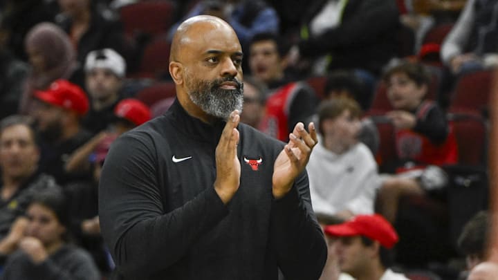 Oct 18, 2024; Chicago, Illinois, USA;  Chicago Bulls acting head coach Wes Unseld Jr. directs the team against the Cleveland Cavaliers during the first half at the United Center. Mandatory Credit: Matt Marton-Imagn Images