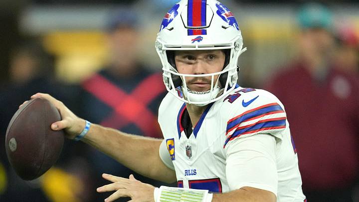 Buffalo Bills quarterback Josh Allen throws the ball against the Los Angeles Chargers in the first half at SoFi Stadium.