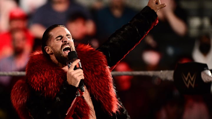Nov 22, 2021; Brooklyn, NY, USA; Seth Rollins enters the arena during WWE Raw at Barclays Center. Mandatory Credit: Joe Camporeale-Imagn Images