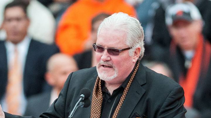 San Francisco, CA, USA; San Francisco Giants general manager Brian Sabean speaks to the crowd during the World Series celebration at City Hall. The San Francisco Giants defeated the Kansas City Royals in game seven of the World Series. Mandatory Credit: Ed Szczepanski-USA TODAY Sports