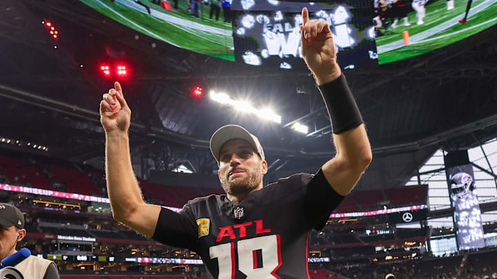 Nov 3, 2024; Atlanta, Georgia, USA; Atlanta Falcons quarterback Kirk Cousins (18) celebrates after a victory over the Dallas Cowboys at Mercedes-Benz Stadium. Mandatory Credit: Brett Davis-Imagn Images