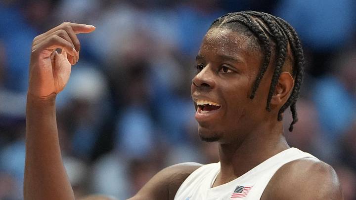 Feb 7, 2026; Chapel Hill, North Carolina, USA;  North Carolina Tar Heels forward Caleb Wilson (8) reacts in the first half at Dean E. Smith Center. Mandatory Credit: Bob Donnan-Imagn Images
