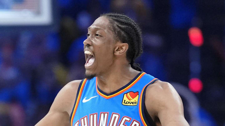 Jun 22, 2025; Oklahoma City, Oklahoma, USA; Oklahoma City Thunder forward Jalen Williams (8) reacts after a play against the Indiana Pacers during the second half of game seven of the 2025 NBA Finals at Paycom Center. Mandatory Credit: Kyle Terada-Imagn Images