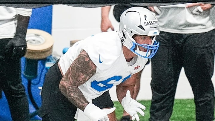 Detroit Lions defensive end Ahmed Hassanein (61) practices at team's Allen Park Performance Center Detroit Lions defensive end Ahmed Hassanein (61) practices at team's Allen Park Performance Center