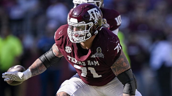 Dec 20, 2025; College Station, TX, USA; Texas A&M Aggies offensive lineman Chase Bisontis (71) blocks the rush during the game between the Aggies and the Hurricanes at Kyle Field. Mandatory Credit: Jerome Miron-Imagn Images