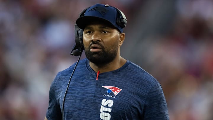 Dec 15, 2024; Glendale, Arizona, USA; New England Patriots head coach Jerod Mayo against the Arizona Cardinals in the second half at State Farm Stadium. Mandatory Credit: Mark J. Rebilas-Imagn Images