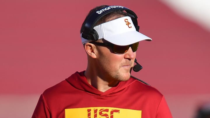 Nov 16, 2024; Los Angeles, California, USA; Southern California Trojans head coach Lincoln Riley watches game action against the Nebraska Cornhuskers during the second half at the Los Angeles Memorial Coliseum. Mandatory Credit: Gary A. Vasquez-Imagn Images Nov 16, 2024; Los Angeles, California, USA; Southern California Trojans head coach Lincoln Riley watches game action against the Nebraska Cornhuskers during the second half at the Los Angeles Memorial Coliseum. Mandatory Credit: Gary A. Vasquez-Imagn Images