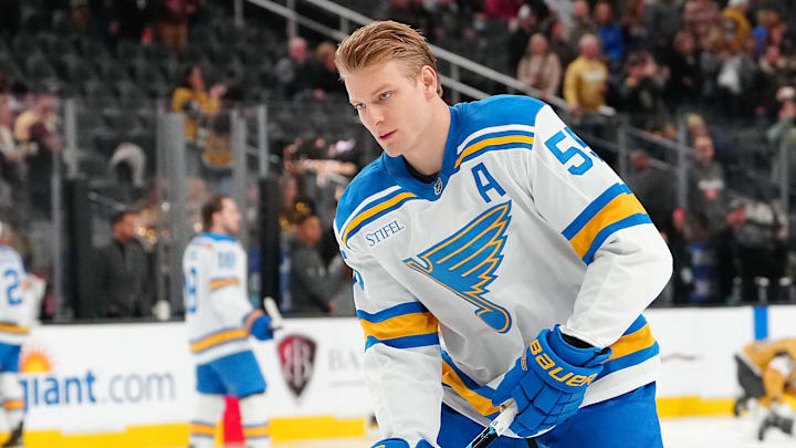 Jan 10, 2026; Las Vegas, Nevada, USA; St. Louis Blues defenseman Colton Parayko (55) warms up before a game against the Vegas Golden Knights at T-Mobile Arena. Mandatory Credit: Stephen R. Sylvanie-Imagn Images