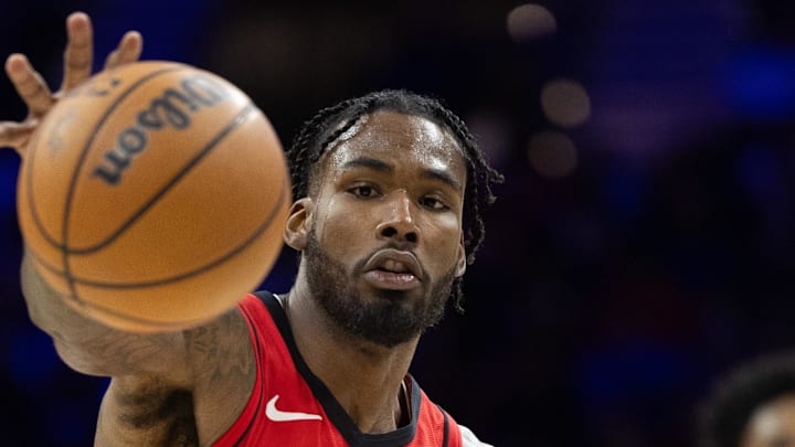 Nov 27, 2024; Philadelphia, Pennsylvania, USA; Houston Rockets forward Tari Eason (17) reaches for a pass against the Philadelphia 76ers during the fourth quarter at Wells Fargo Center. Mandatory Credit: Bill Streicher-Imagn Images