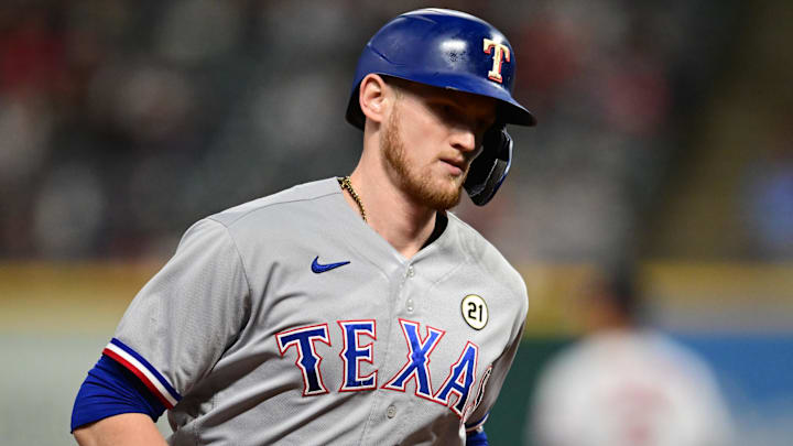 Sep 15, 2023; Cleveland, Ohio, USA; Texas Rangers pinch hitter Sam Huff (55) rounds the bases after hitting a home run during the ninth inning against the Cleveland Guardians at Progressive Field Sep 15, 2023; Cleveland, Ohio, USA; Texas Rangers pinch hitter Sam Huff (55) rounds the bases after hitting a home run during the ninth inning against the Cleveland Guardians at Progressive Field
