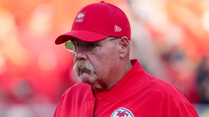 Aug 22, 2025; Kansas City, Missouri, USA; Kansas City Chiefs head coach Andy Reid on field against the Chicago Bears during the first half of the game at GEHA Field at Arrowhead Stadium. Mandatory Credit: Denny Medley-Imagn Images
