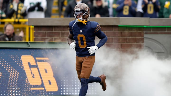 Green Bay Packers wide receiver Matthew Golden (0) runs onto the field before the game against the Carolina Panthers on Nov. 2, 2025, at Lambeau Field in Green Bay, Wis. Green Bay Packers wide receiver Matthew Golden (0) runs onto the field before the game against the Carolina Panthers on Nov. 2, 2025, at Lambeau Field in Green Bay, Wis.