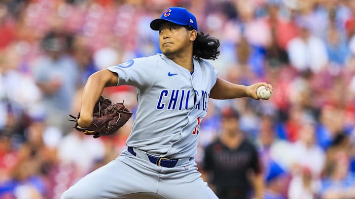 Sep 19, 2025; Cincinnati, Ohio, USA; Chicago Cubs starting pitcher Shota Imanaga (18) pitches against the Cincinnati Reds in the first inning at Great American Ball Park. Mandatory Credit: Katie Stratman-Imagn Images