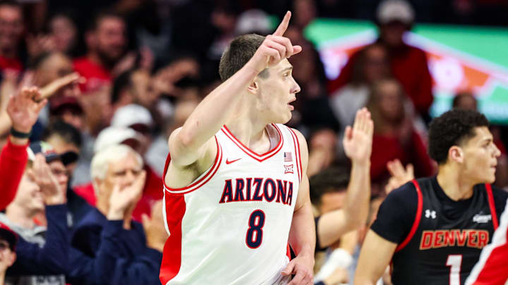 Nov 24, 2025; Tucson, Arizona, USA; Arizona Wildcats forward Ivan Kharchenkov (8) points after me makes a three pointer during the first half of the game against the Denver Pioneers at McKale Memorial Center. Mandatory Credit: Aryanna Frank-Imagn Images Nov 24, 2025; Tucson, Arizona, USA; Arizona Wildcats forward Ivan Kharchenkov (8) points after me makes a three pointer during the first half of the game against the Denver Pioneers at McKale Memorial Center. Mandatory Credit: Aryanna Frank-Imagn Images