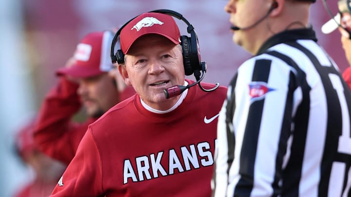 Razorbacks interim head coach Bobby Petrino during the third quarter against the Mississippi State Bulldogs at Donald W. Reynolds Razorback Stadium.