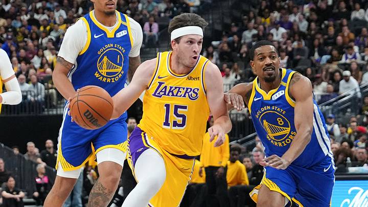 Oct 13, 2026; Las Vegas, Nevada, USA; Los Angeles Lakers guard Austin Reaves (15) drives against Golden State Warriors guard De'anthony Melton (8) in the first quarter at T-Mobile Arena. Mandatory Credit: Candice Ward-Imagn Images Oct 13, 2026; Las Vegas, Nevada, USA; Los Angeles Lakers guard Austin Reaves (15) drives against Golden State Warriors guard De'anthony Melton (8) in the first quarter at T-Mobile Arena. Mandatory Credit: Candice Ward-Imagn Images