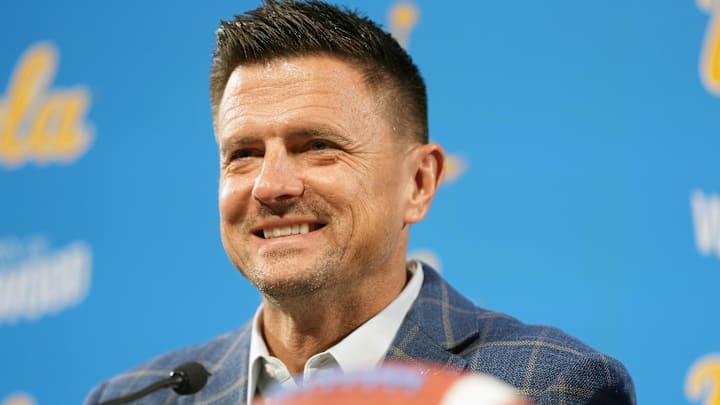 Dec 9, 2025; Los Angeles, CA, USA; Bob Chesney is introduced as UCLA Bruins football coach at press conference at Renee Luskin Conference Center Centennial Ballroom. Mandatory Credit: Kirby Lee-Imagn Images