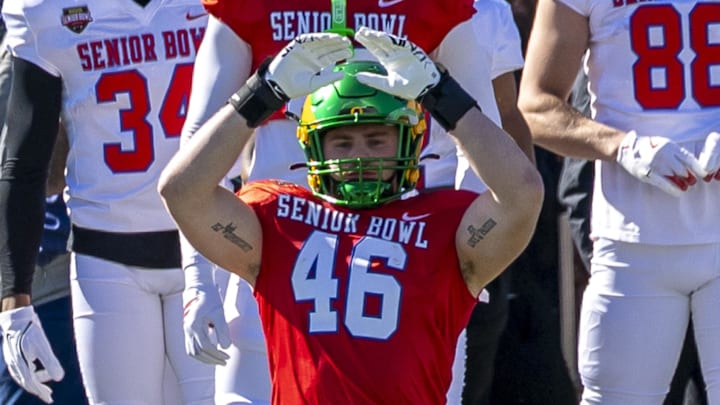 Jan 28, 2026; Mobile, AL, USA; National Team linebacker Bryce Boettcher (46) of Oregon practices during National Senior Bowl practice at Hancock Whitney Stadium. Mandatory Credit: Vasha Hunt-Imagn Images