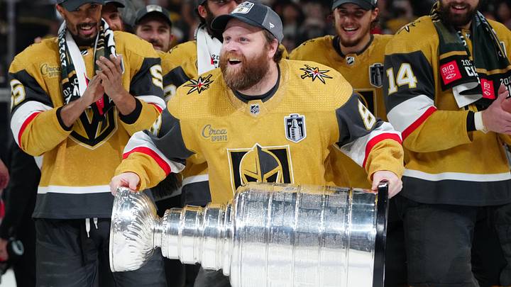 Jun 13, 2023; Las Vegas, Nevada, USA; Vegas Golden Knights forward Phil Kessel (8) hoists the Stanley Cup after defeating the Florida Panthers in game five of the 2023 Stanley Cup Final at T-Mobile Arena. Mandatory Credit: Stephen R. Sylvanie-Imagn Images