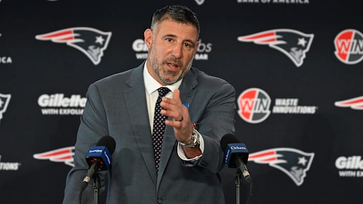 Jan 13, 2025; Foxborough, MA, USA; Mike Vrabel addresses media at a press conference to announce his hiring as the new head coach of the New England Patriots at Gillette Stadium. Mandatory Credit: Eric Canha-Imagn Images