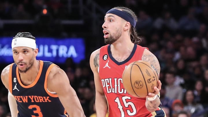 Feb 25, 2023; New York, New York, USA;  New Orleans Pelicans guard Jose Alvarado (15) drives past New York Knicks guard Josh Hart (3) at Madison Square Garden. Mandatory Credit: Wendell Cruz-Imagn Images