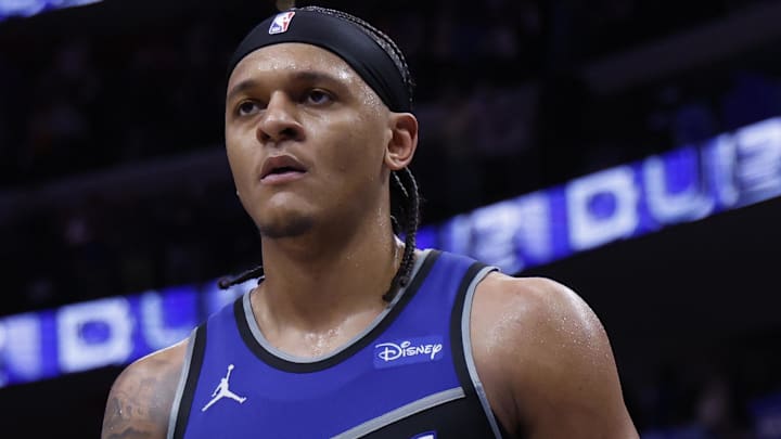 Apr 29, 2026; Detroit, Michigan, USA; Orlando Magic forward Paolo Banchero (5) walks off the court after the game against the Detroit Pistons during game five of the first round of the 2026 NBA Playoffs at Little Caesars Arena. Mandatory Credit: Rick Osentoski-Imagn Images
