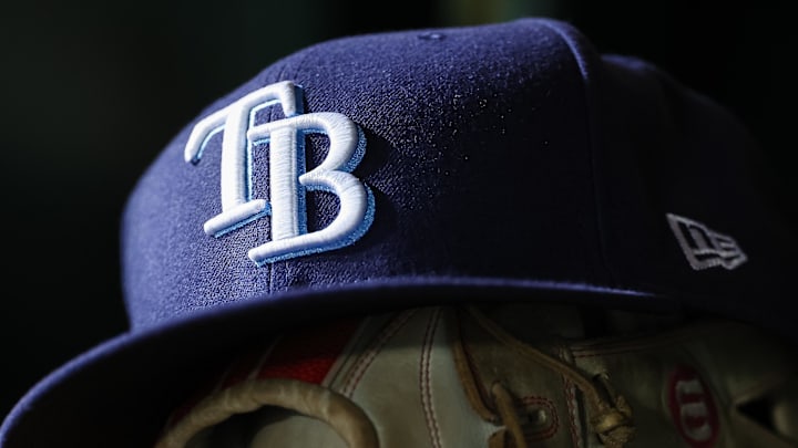 Apr 3, 2023; Washington, District of Columbia, USA; A general view of a Tampa Bay Rays hat and glove during the seventh inning of the game against the Washington Nationals at Nationals Park. 