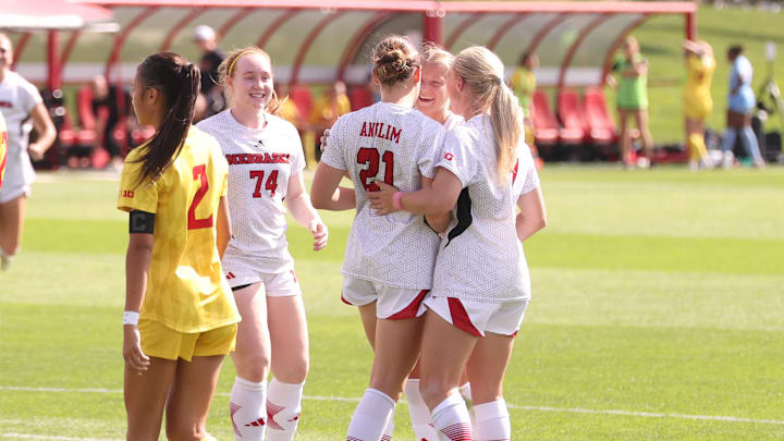 Nebraska players celebrate a Lauryn Anglim goal against Maryland. Nebraska players celebrate a Lauryn Anglim goal against Maryland.