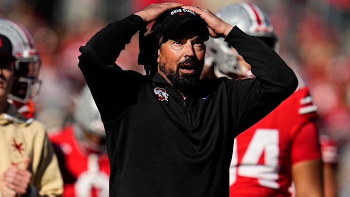 Ohio State Buckeyes head coach Ryan Day watches the scoreboard during the second half of the NCAA football game against the Nebraska Cornhuskers at Ohio Stadium in Columbus on Saturday, Oct. 26, 2024. Ohio State won 21-17.