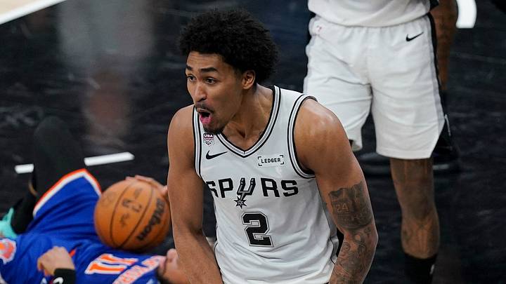 Jun 13, 2026; San Antonio, Texas, USA; San Antonio Spurs guard Dylan Harper (2) reacts during the third quarter during game five of the 2026 NBA Finals at Frost Bank Center. Mandatory Credit: Dustin Safranek-Imagn Images