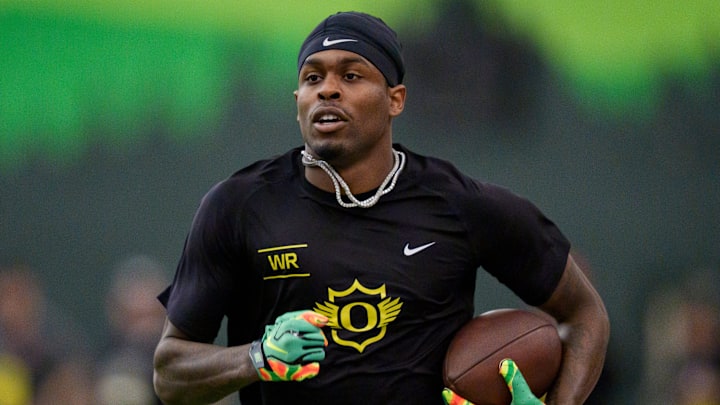 Oregon wide receiver Malik Benson carries the ball during Oregon Pro Day on March 17, 2026, at the Moshofsky Center in Eugene, Oregon.