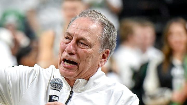 Michigan State's head coach Tom Izzo talks to the fans during the senior night ceremony after the Spartans win over Rutgers on Thursday, March 5, 2026, at the Breslin Center in East Lansing.