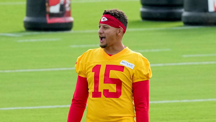 Jul 22, 2025; St. Joseph, MO, USA; Kansas City Chiefs quarterback Patrick Mahomes (15) on field during training camp at Missouri Western State University. Mandatory Credit: Denny Medley-Imagn Images