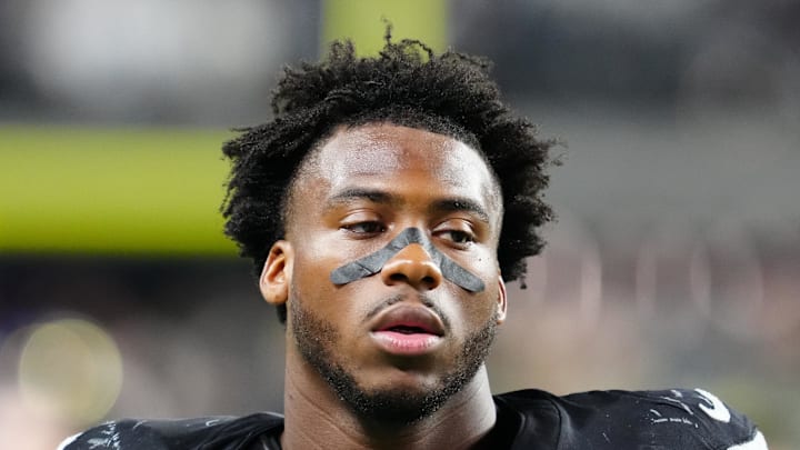 Nov 17, 2025; Paradise, Nevada, USA; Las Vegas Raiders defensive end Malcolm Koonce (51) reacts after the game against the Dallas Cowboys at Allegiant Stadium. Mandatory Credit: Stephen R. Sylvanie-Imagn Images