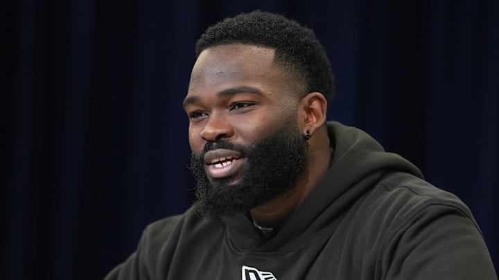 Feb 25, 2026; Indianapolis, IN, USA; Texas A&M defensive lineman Albert Regis (DL26) speaks during the NFL Scouting Combine at the Indiana Convention Center. Mandatory Credit: Kirby Lee-Imagn Images