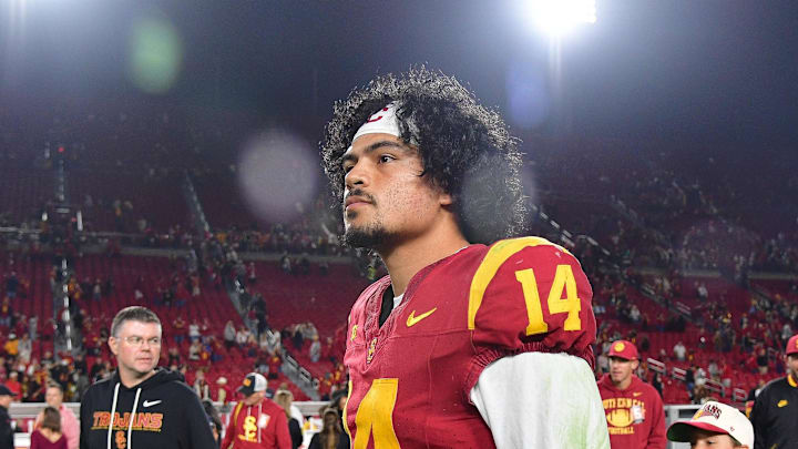 Nov 7, 2025; Los Angeles, California, USA; Southern California Trojans quarterback Jayden Maiava (14) leaves the field following the victory against the Northwestern Wildcats at the Los Angeles Memorial Coliseum. 
