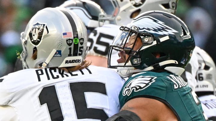 Dec 14, 2025; Philadelphia, Pennsylvania, USA; Las Vegas Raiders quarterback Kenny Pickett (15) is sacked by Philadelphia Eagles linebacker Nolan Smith Jr. (3) during the third quarter at Lincoln Financial Field. Mandatory Credit: Eric Hartline-Imagn Images Dec 14, 2025; Philadelphia, Pennsylvania, USA; Las Vegas Raiders quarterback Kenny Pickett (15) is sacked by Philadelphia Eagles linebacker Nolan Smith Jr. (3) during the third quarter at Lincoln Financial Field. Mandatory Credit: Eric Hartline-Imagn Images