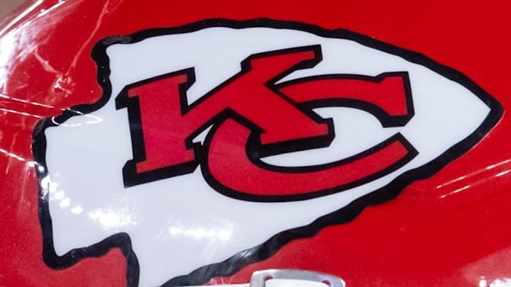 Aug 9, 2025; Glendale, Arizona, USA; Detailed view of a Kansas City Chiefs helmet during a preseason NFL game at State Farm Stadium. Mandatory Credit: Mark J. Rebilas-Imagn Images