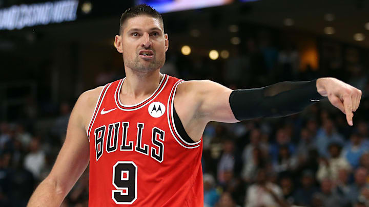 Oct 28, 2024; Memphis, Tennessee, USA; Chicago Bulls center Nikola Vucevic (9) reacts after a foul call during the second half against the Memphis Grizzlies at FedExForum. Mandatory Credit: Petre Thomas-Imagn Images