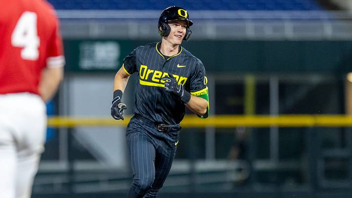 Oregon first baseman Brayden Jaksa rounds the bases after his two-run home run in the seventh inning against Nebraska at Charles Schwab Field. Oregon first baseman Brayden Jaksa rounds the bases after his two-run home run in the seventh inning against Nebraska at Charles Schwab Field.