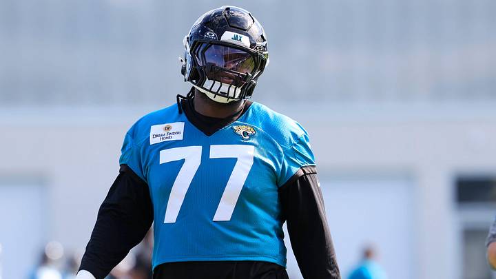 Jacksonville Jaguars offensive tackle Anton Harrison (77) looks on during the third day of minicamp at the Miller Electric Center, Thursday, June 11, 2026, in Jacksonville, Fla. Jacksonville Jaguars offensive tackle Anton Harrison (77) looks on during the third day of minicamp at the Miller Electric Center, Thursday, June 11, 2026, in Jacksonville, Fla.