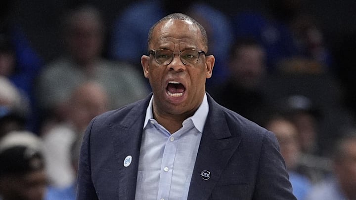 Mar 13, 2025; Charlotte, NC, USA; North Carolina Tar Heels head coach Hubert Davis during the first half against the Wake Forest Demon Deacons at Spectrum Center. Mandatory Credit: Jim Dedmon-Imagn Images Mar 13, 2025; Charlotte, NC, USA; North Carolina Tar Heels head coach Hubert Davis during the first half against the Wake Forest Demon Deacons at Spectrum Center. Mandatory Credit: Jim Dedmon-Imagn Images