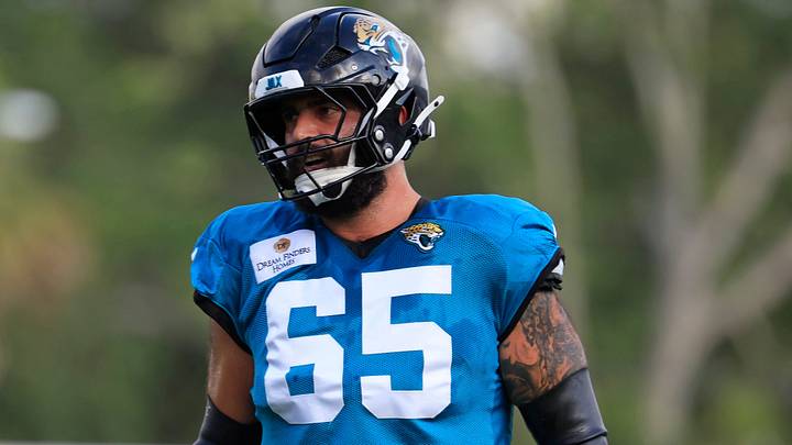 Jacksonville Jaguars offensive tackle Patrick Mekari (65) looks on during the sixth day of NFL training camp at the Miller Electric Center on Tuesday, Aug. 4, 2026, in Jacksonville, Fla.