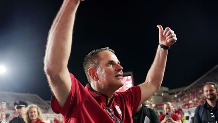 Indiana coach Curt Cignetti celebrates after defeating the Illinois Fighting Illini on Sept. 20, 2025, at Memorial Stadium. Indiana coach Curt Cignetti celebrates after defeating the Illinois Fighting Illini on Sept. 20, 2025, at Memorial Stadium.