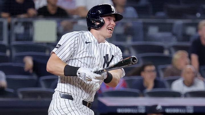Aug 7, 2026; Bronx, New York, USA; New York Yankees designated hitter Ben Rice (22) follows through on an RBI single against the Atlanta Braves during the ninth inning at Yankee Stadium. Mandatory Credit: Brad Penner-Imagn Images Aug 7, 2026; Bronx, New York, USA; New York Yankees designated hitter Ben Rice (22) follows through on an RBI single against the Atlanta Braves during the ninth inning at Yankee Stadium. Mandatory Credit: Brad Penner-Imagn Images