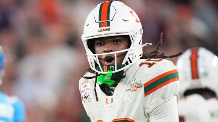 Miami Hurricanes receiver Malachi Toney (10) reacts after getting a first down against the Ole Miss Rebels during their Vrbo Fiesta Bowl matchup at State Farm Stadium on Jan. 8, 2026.